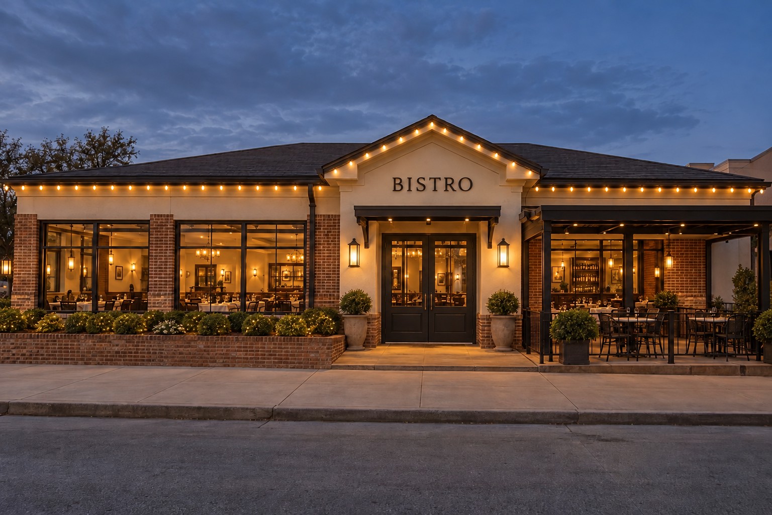 Illustrative bistro restaurant with roofline and bush lighting